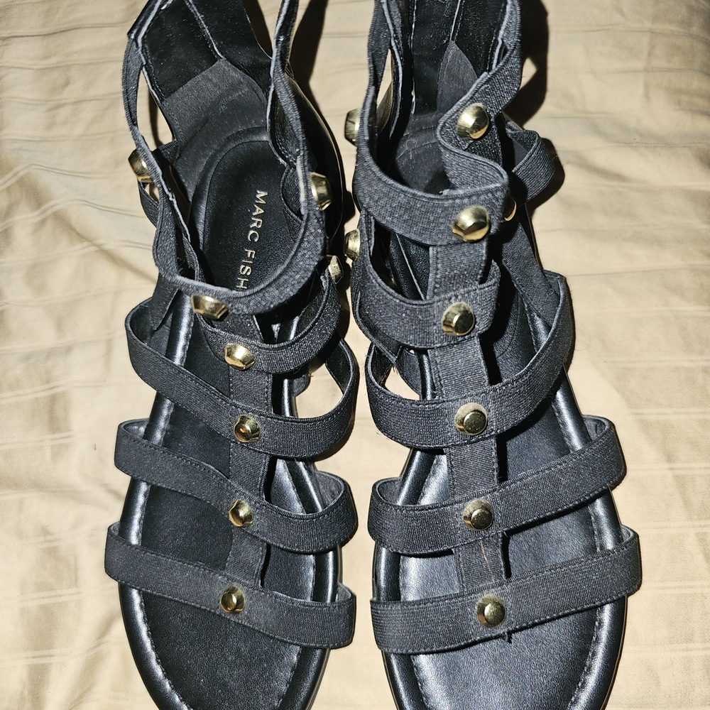 Marc Fisher Black Gladiator Sandals with Gold Studs